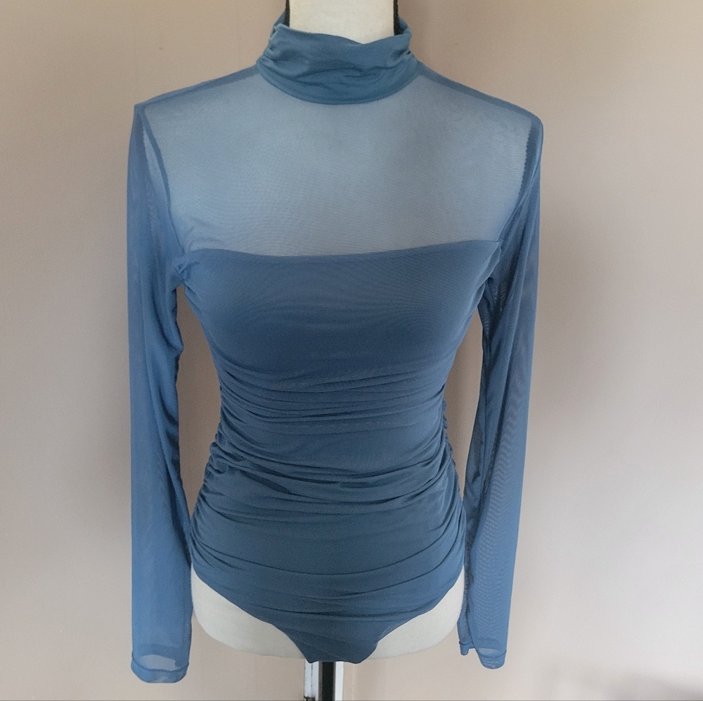 Long-Sleeve Sheer Mock Neck Bodysuit in Slate Blue